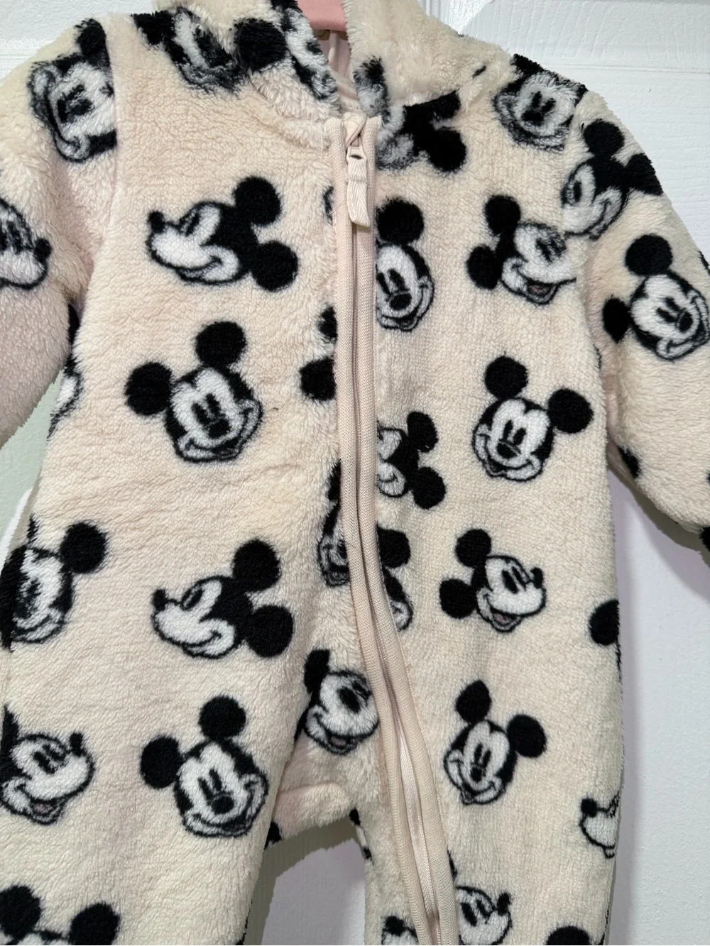 H&M Cream and Black Mickey Mouse Fleece One-Piece Footie 2-4 M